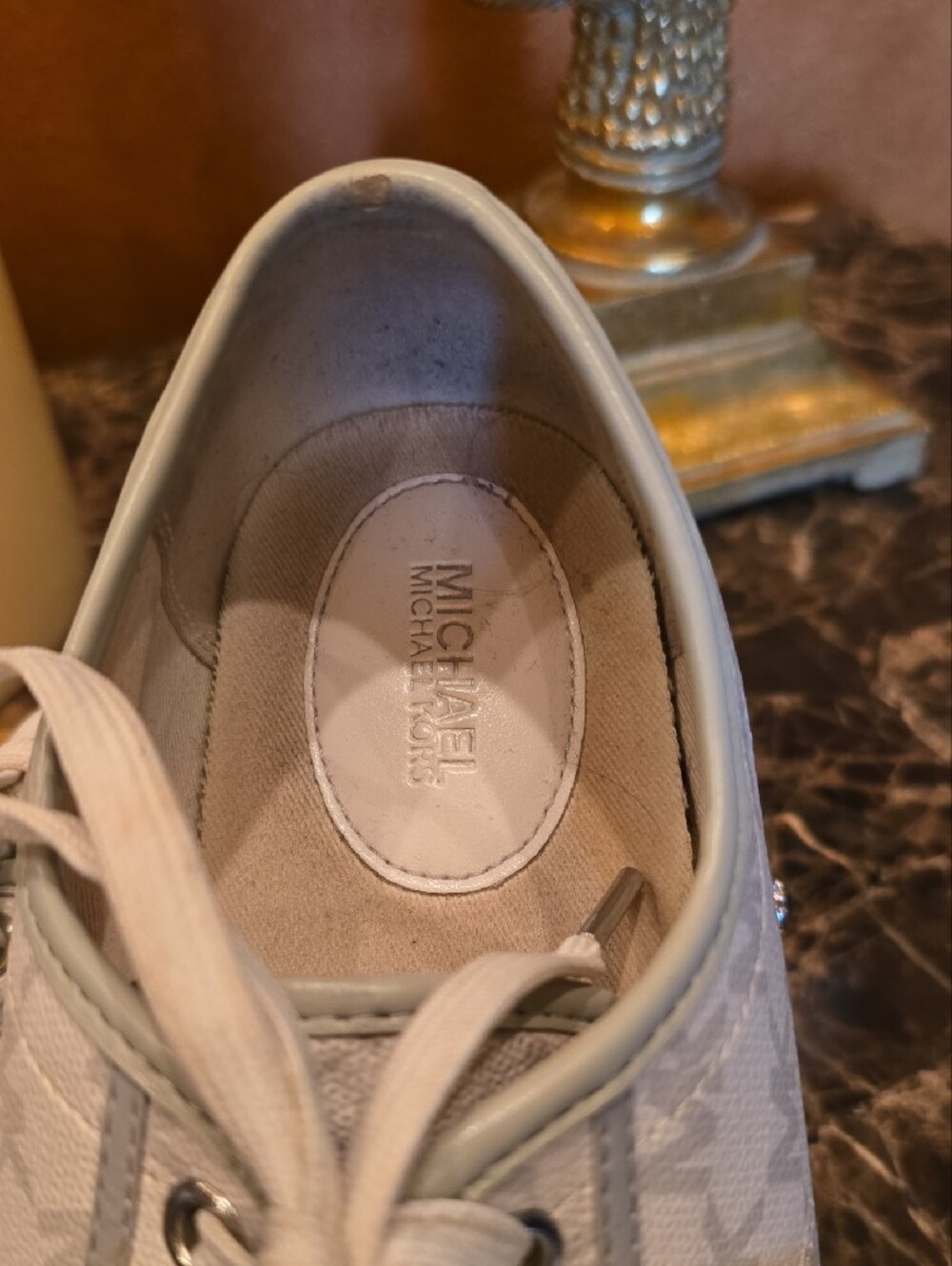 Michael Kors Beige and White MK Logo Low-Top Sneakers - Picture 2 of 9